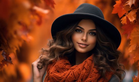 Woman in a hat and scarf smiling amidst autumn leaves