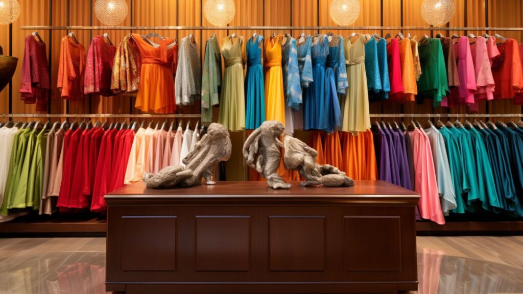 Fashion boutique with multi-colored dresses neatly arranged on racks with sculptures on a central wooden table