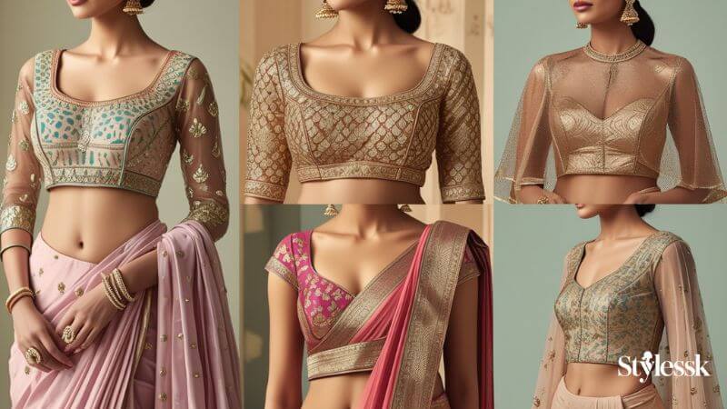 A graceful fashion collage featuring half saree blouse designs, Banarasi silk blouses, and elegant cape-style blouses. Highlight traditional craftsmanship with intricate zari work and delicate net fabric details. Soft pastel and golden tones, minimal background, lightweight and modern aesthetic.