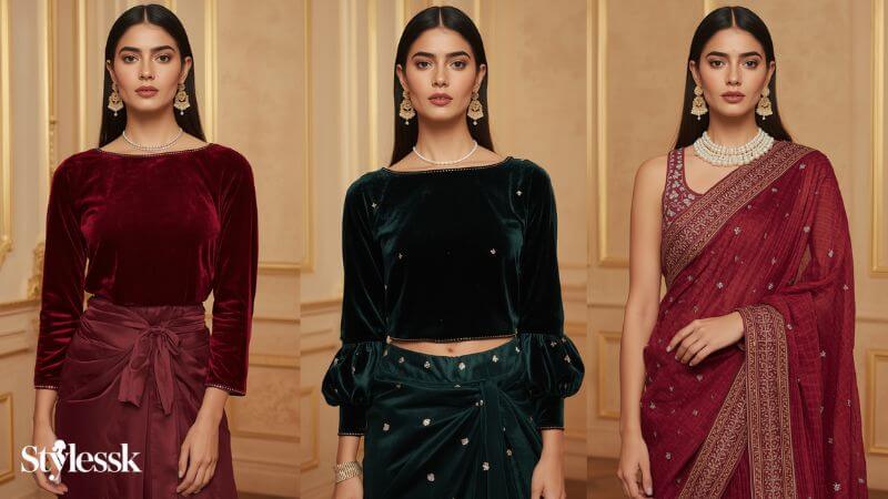 Boat Neck Velvet Blouse Designs