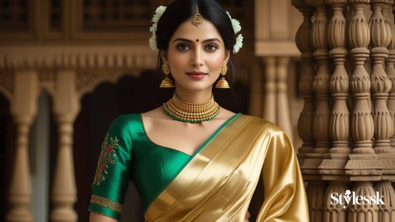 Green Blouse with Golden Saree – Classic Combo