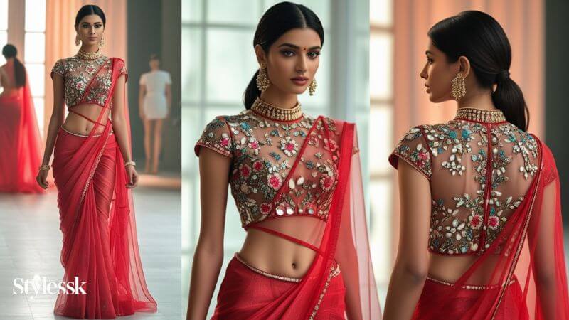 Red Plain Georgette Saree with Designer Blouse Styles