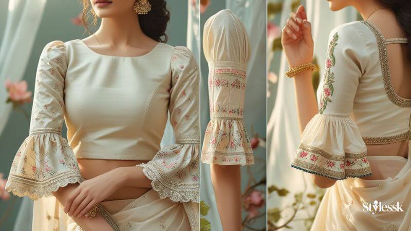 "Create an elegant and artistic image showcasing sleeve styles in cotton blouses for sarees. Feature a trendy set of 2-3 sleeve designs: puffed sleeves with subtle embroidery, bell sleeves with delicate lace trims, and three-quarter sleeves with minimal threadwork. The background should be soft, airy, and textured, inspired by cotton fabrics, with pastel tones, subtle floral patterns, and natural sunlight filtering in. Highlight intricate blouse craftsmanship with a modern, stylish, and graceful look."