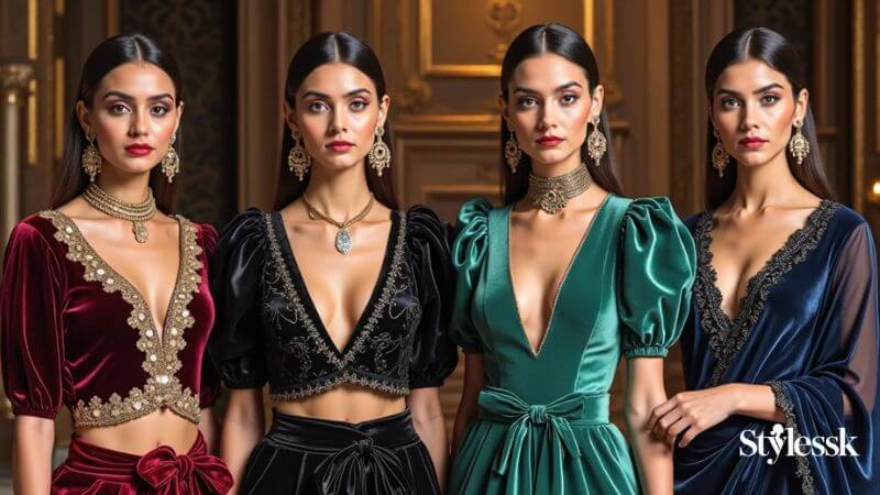 V-neck & Plunging Neck velvet blouse designs
