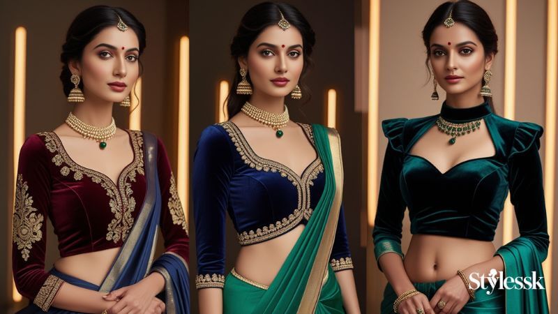 Velvet Blouse Designs for Sarees 