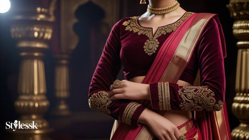 Velvet Full Sleeve Blouse Designs for Royal Look