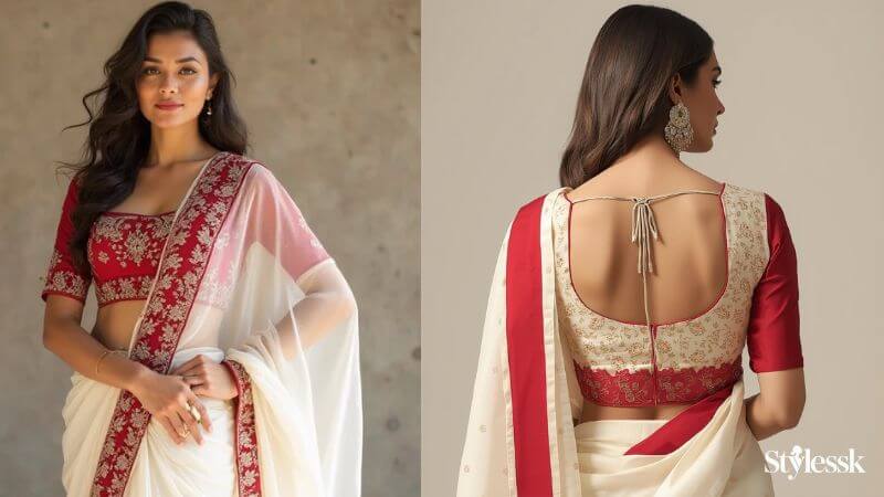 White and Red Saree  Blouse Designs 