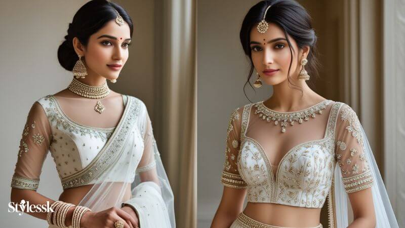 White Net Saree Blouse Designs 
