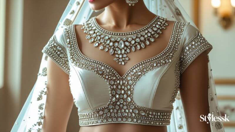 White Stone Work Blouse Designs