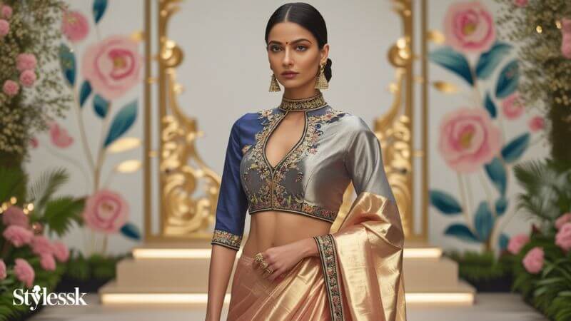 Best Contrast Blouse Designs for Tissue Sarees