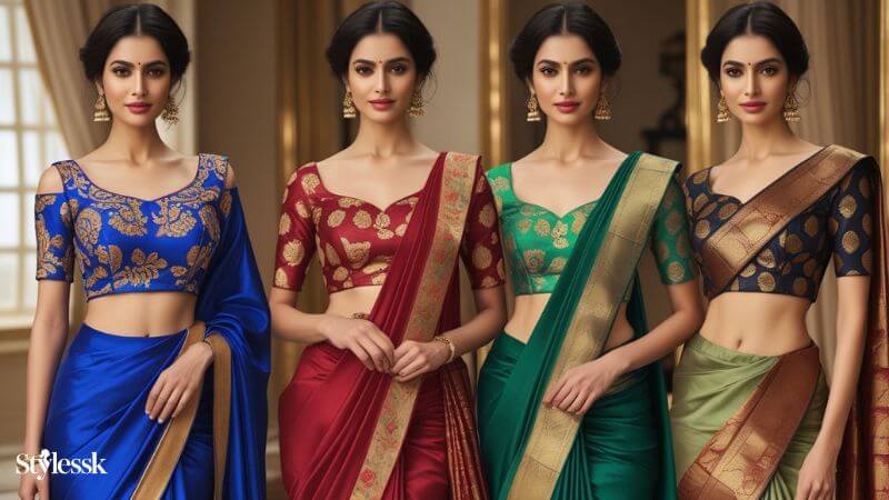 "Create a fashion catalog-style image featuring 3–4 stylish women standing in the front, each wearing a beautifully crafted brocade blouse paired with elegant sarees.

One in a royal blue brocade blouse with intricate golden zari designs.

One in a deep red brocade blouse with rich floral motifs.

One in a green brocade blouse with paisley or traditional patterns.

(Optional) A gold or black brocade blouse with contemporary modern cuts.

Each blouse should have different trendy patterns for 2025 — such as off-shoulder, boat-neck, backless, puff sleeves, or deep V-neck — paired with graceful sarees in complementing shades.

The background should be elegant and luxurious, like a designer studio or a softly lit royal-inspired setup, making the image look perfect for a cover photo titled 'Brocade Blouse Design Patterns by Colour'."