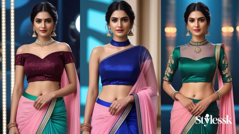 Celebrity-Inspired Contrast Blouse Ideas for Baby Pink Sarees 