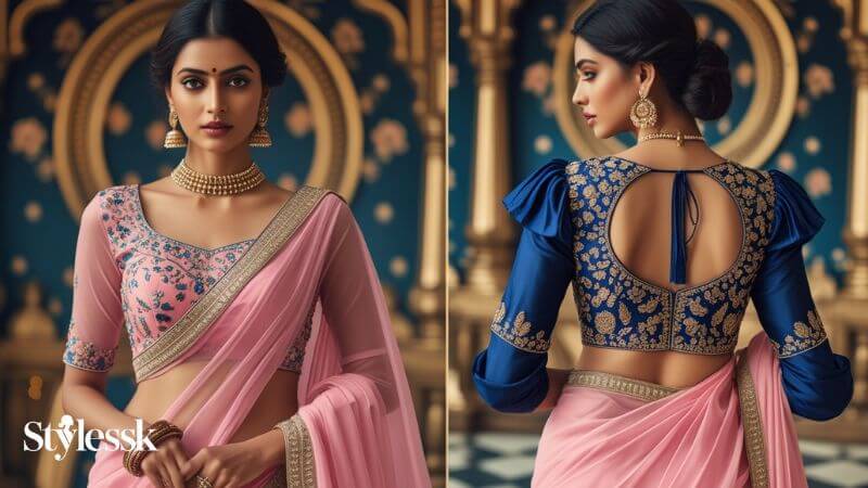 Royal & Navy Blue Blouse Combinations with Baby Pink Saree 