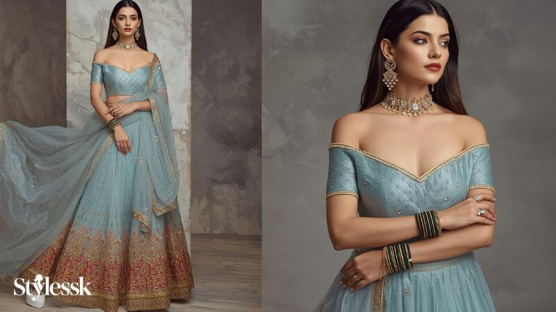 Styling Accessories with Lehenga Blouse Designs (Dupatta, Jewelry, Footwear) 