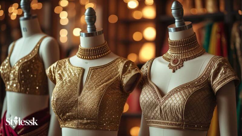 Stylish Neck Designs in Golden Blouse Designs