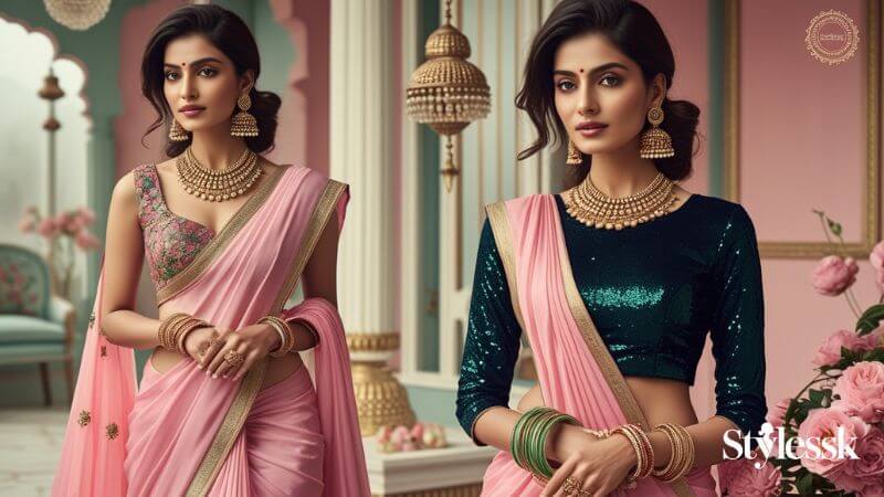 Tips to Accessorise Baby Pink Saree with Contrast Blouse 