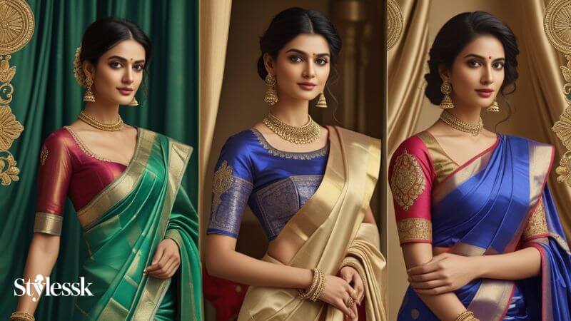 Double Colour Blouse Designs for Silk Sarees 